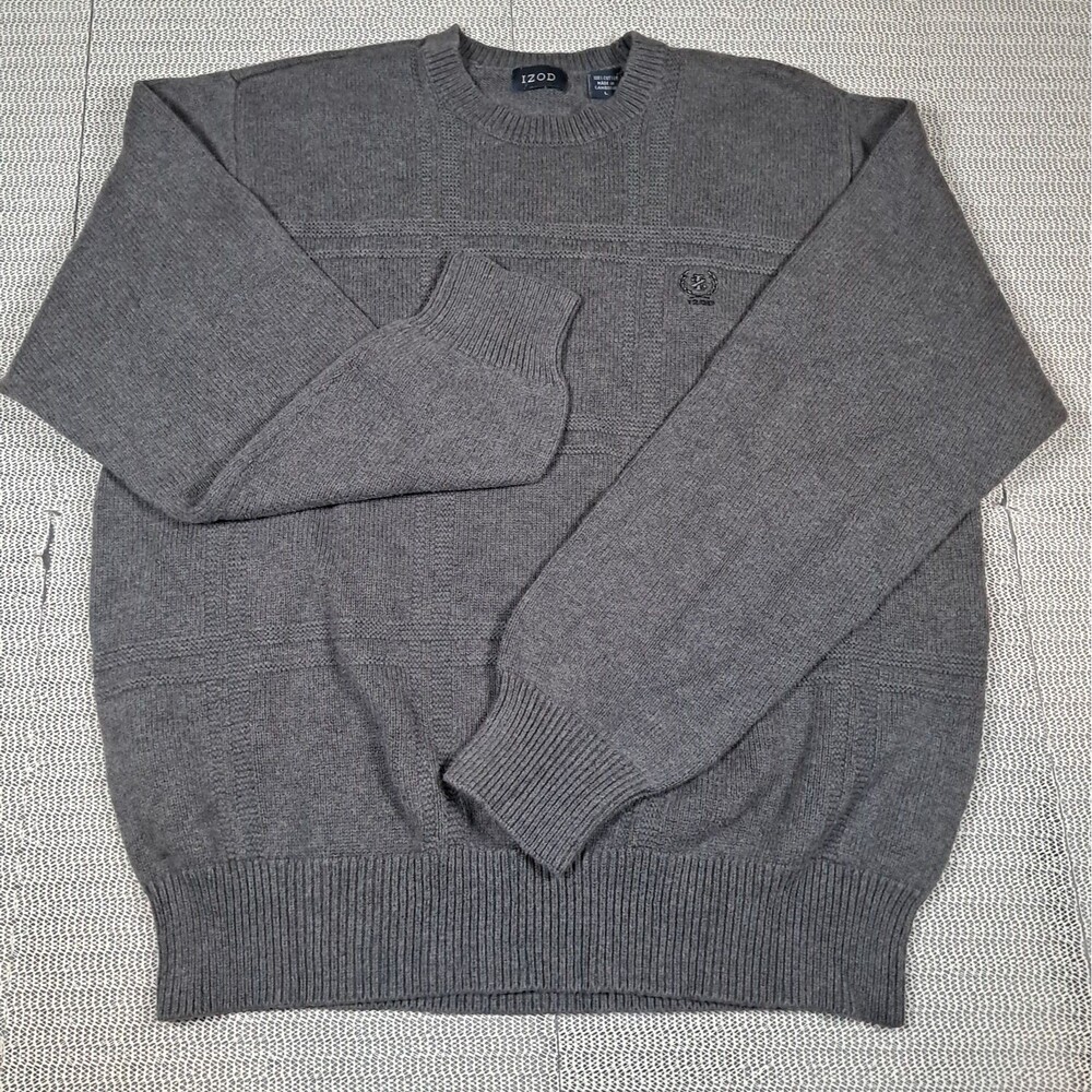 Izod Men's Windowpane Gray Cotton Crewneck Sweater L Cozy Grandpa Cabin Core